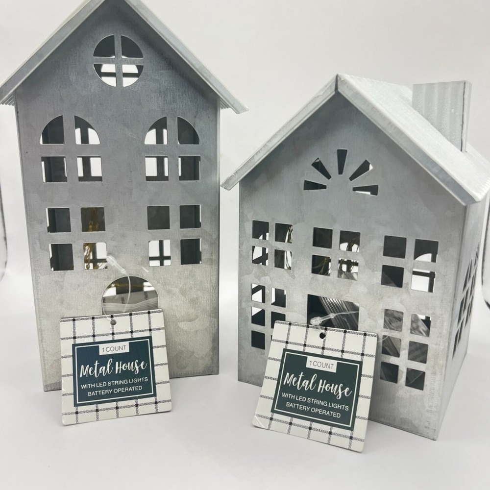 NEW 2 - Galvanized Farmhouse Village Houses Fairy LED lights AAA Batteries